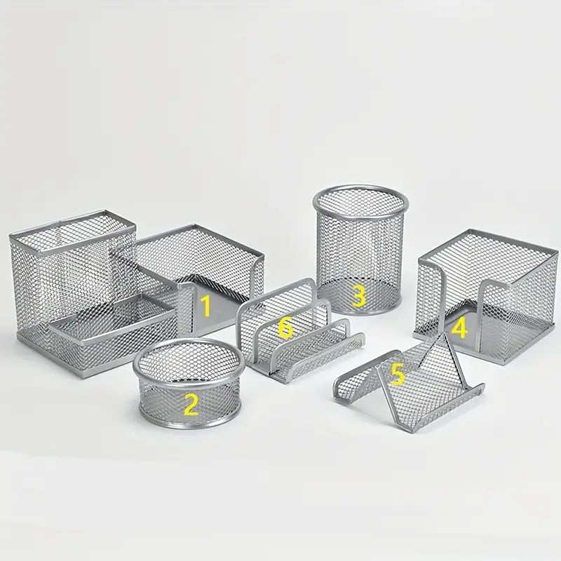 6-Piece Metal Mesh Desk Organizer Set – Pen Holder & Office Supplies Storage